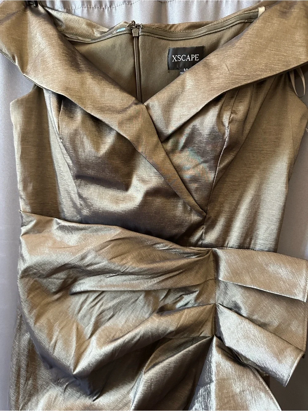 Xscape Metallic Taffeta,off The Shoulder Gown,sz 14, New Without Tag,olive